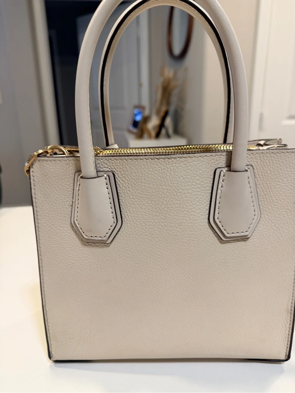 Michael Kors Mercer Small Cream Pebbled Leather Satchel Handbag Gold Hardware